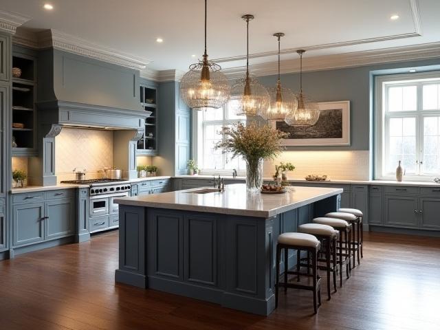 Klassisk kjøkken med stor kjøkkenøy og spiseplass i Stavanger