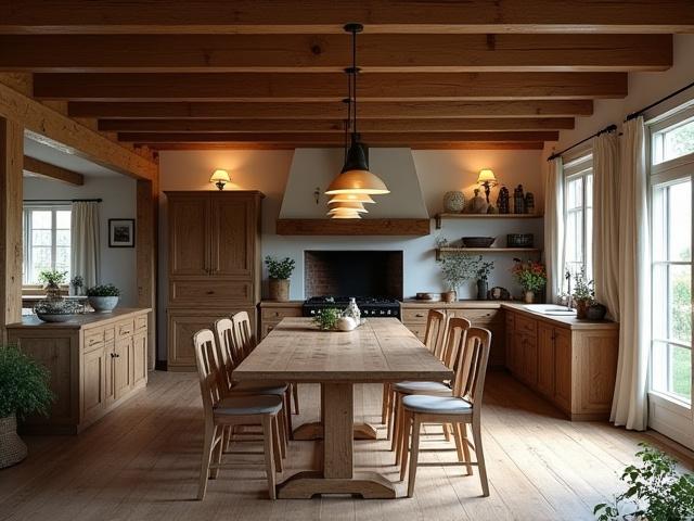 Landlig kjøkken med synlige trebjelker og rustikk sjarm i Trysil