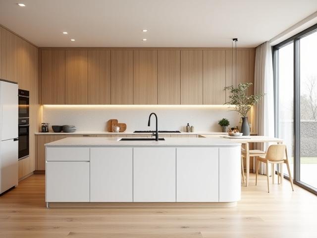 Moderne, minimalistisk kjøkken på Frogner med lyse treverk og hvite overflater.