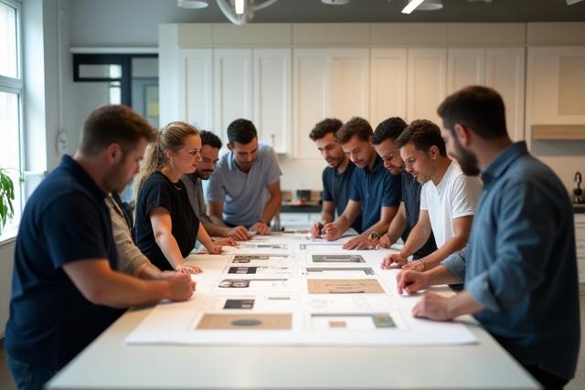 Team av dyktige kjøkkendesignere og håndverkere som samarbeider i et moderne designstudio