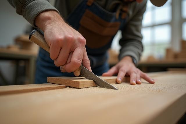 Håndverker som bearbeider tre i et verksted, viser fokus og dedikasjon